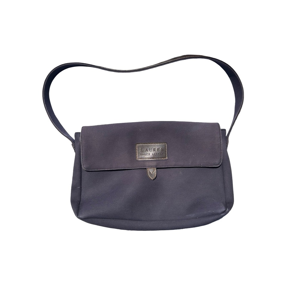 Vintage‎ Lauren Ralph Lauren Navy Blue Canvas Flap Shoulder Bag Leather Logo